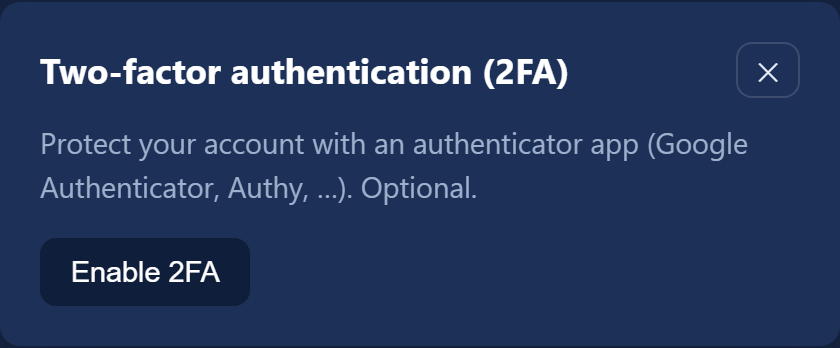 The "Two-factor authentication (2FA)" dialog with the "Enable 2FA" button