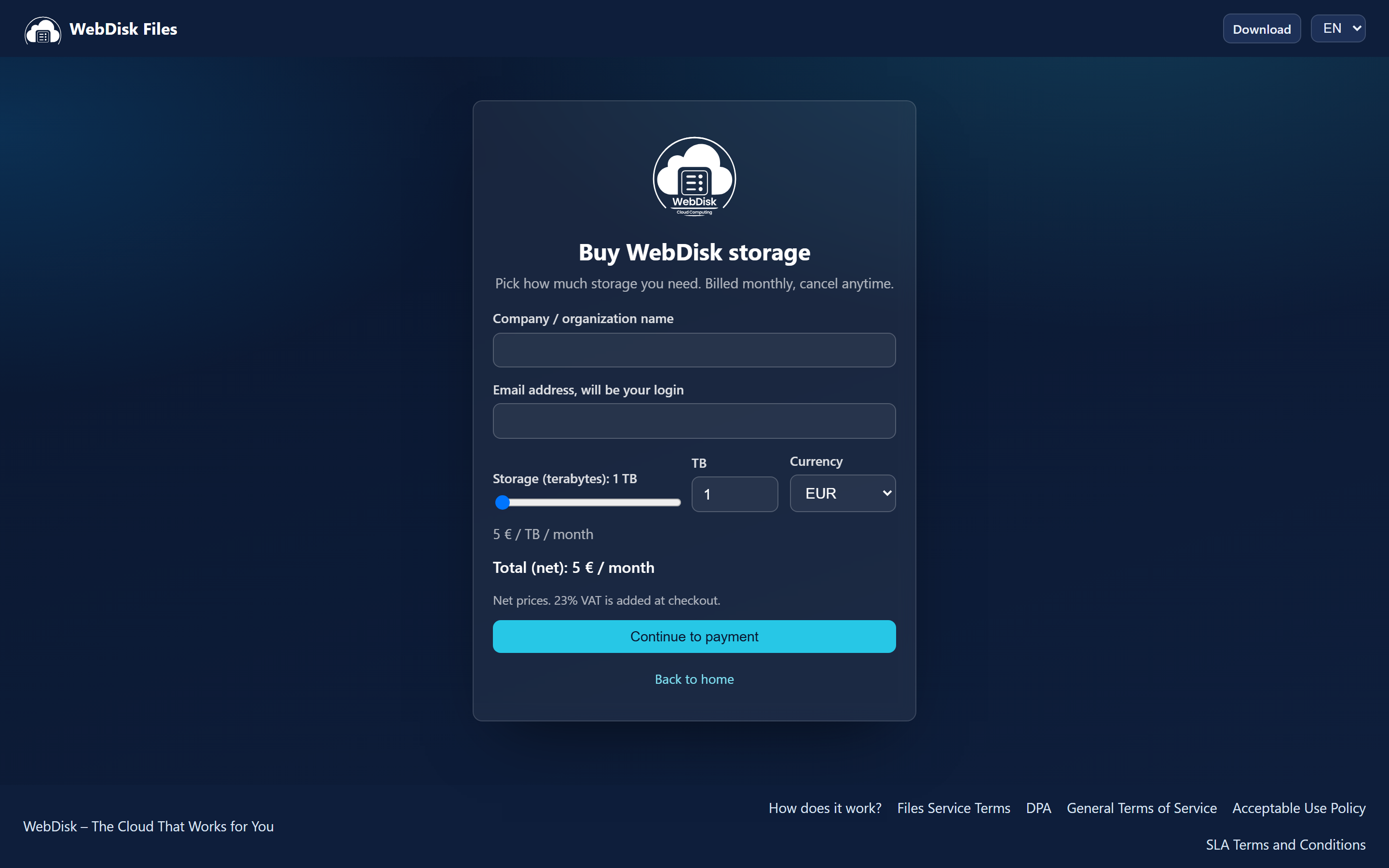 The WebDisk Files order page: the storage calculator in terabytes, the currency selector and the net price