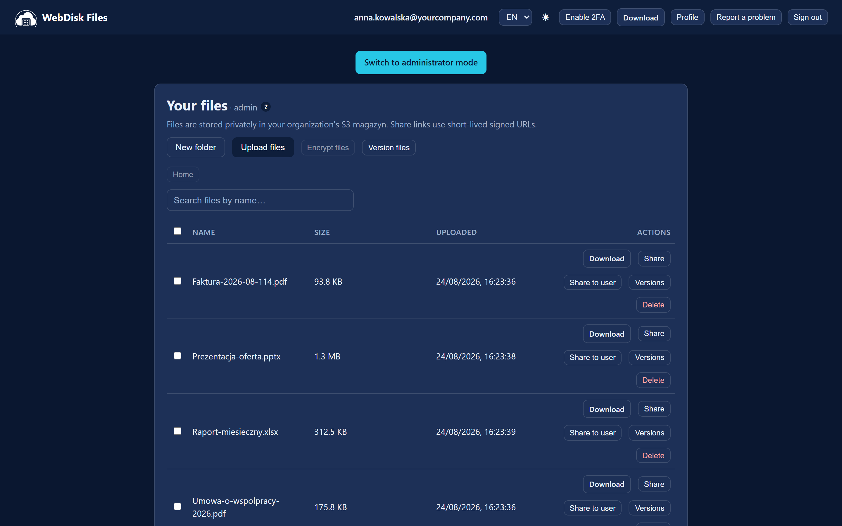 The WebDisk Files panel after signing in: top bar with the language switcher, the light/dark theme, 2FA, the "Download" button, "Profile" and "Report a problem", with the "Your files" card below