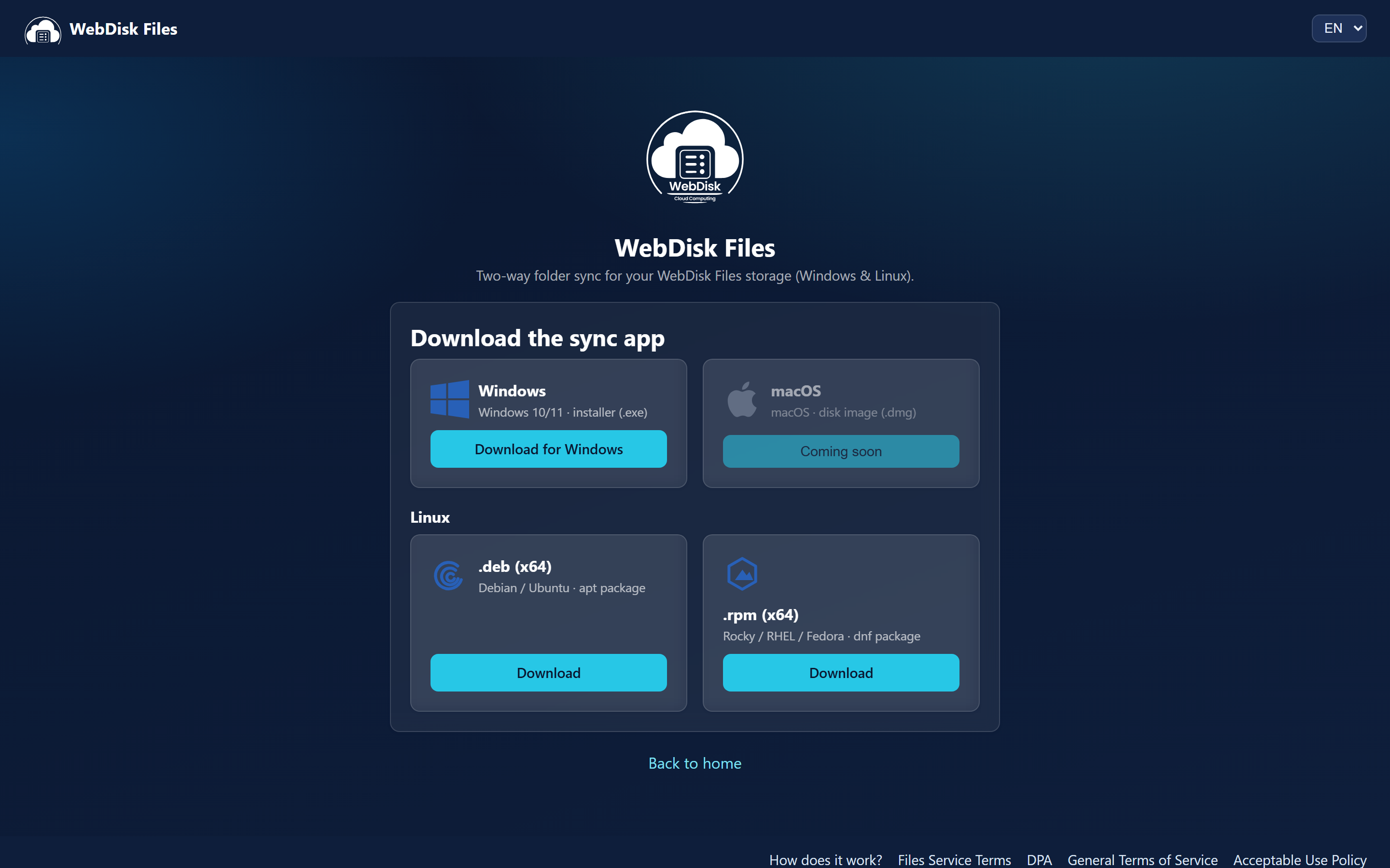 The desktop app download page: the Windows installer, the .deb and .rpm packages, macOS marked as coming soon