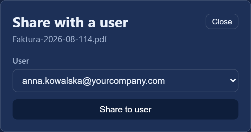 The "Share with a user" window: choosing a person from the organisation