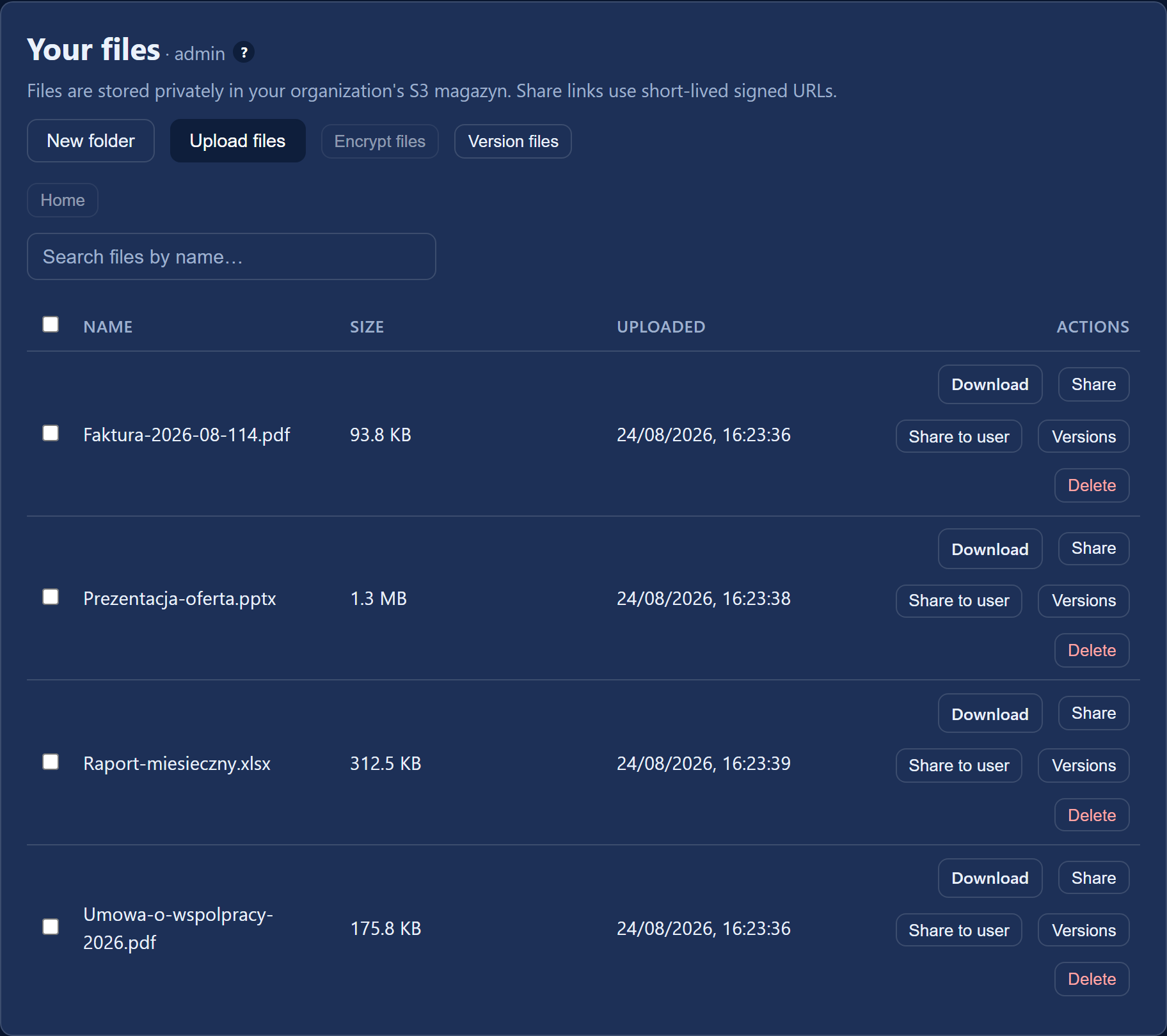The "Your files" card: the "New folder", "Upload files", "Encrypt files" and "Version files" buttons, the "Home" breadcrumb, the search box and the file table