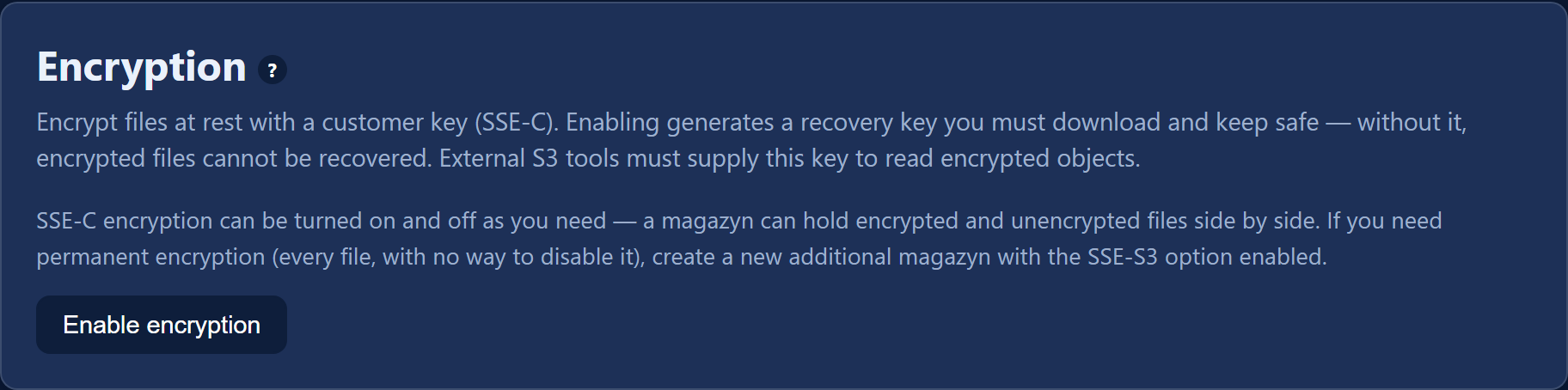The "Encryption" card with the "Enable encryption" button and the warning about the recovery key