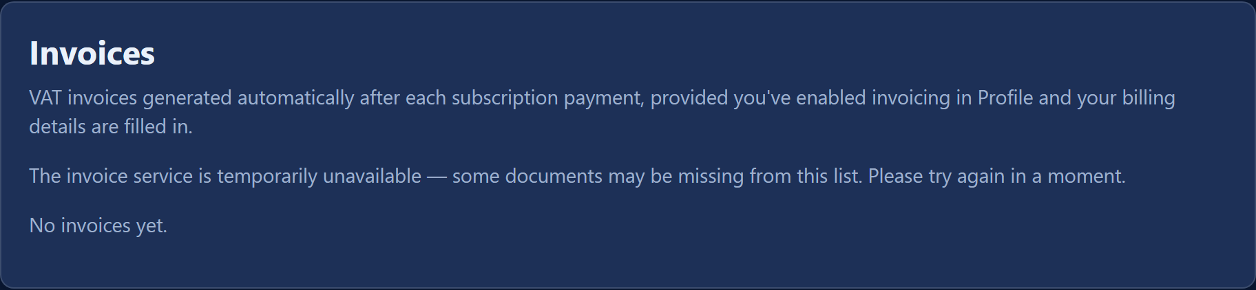 The "Invoices" card in the organisation panel