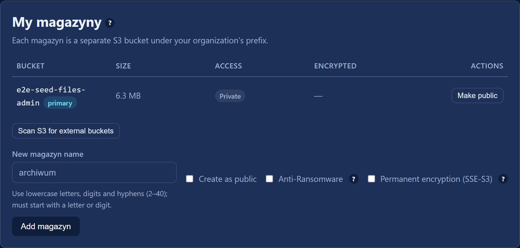 The "My magazyny" card: adding a magazyn with the "Create as public", "Anti-Ransomware" and "Permanent encryption (SSE-S3)" switches