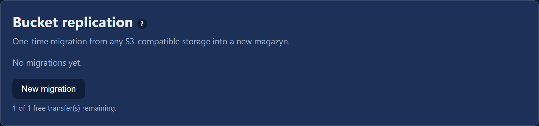 The "Bucket replication" card with the "New migration" button