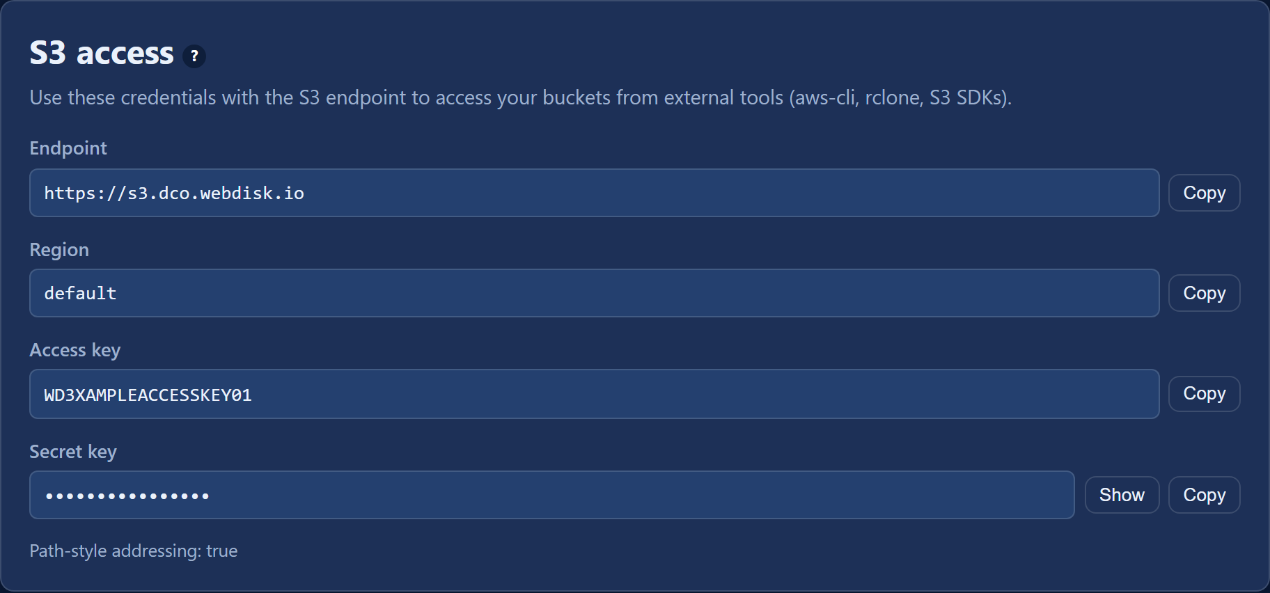 The "S3 access" card: endpoint, region, access key and the hidden secret key with the "Show" button