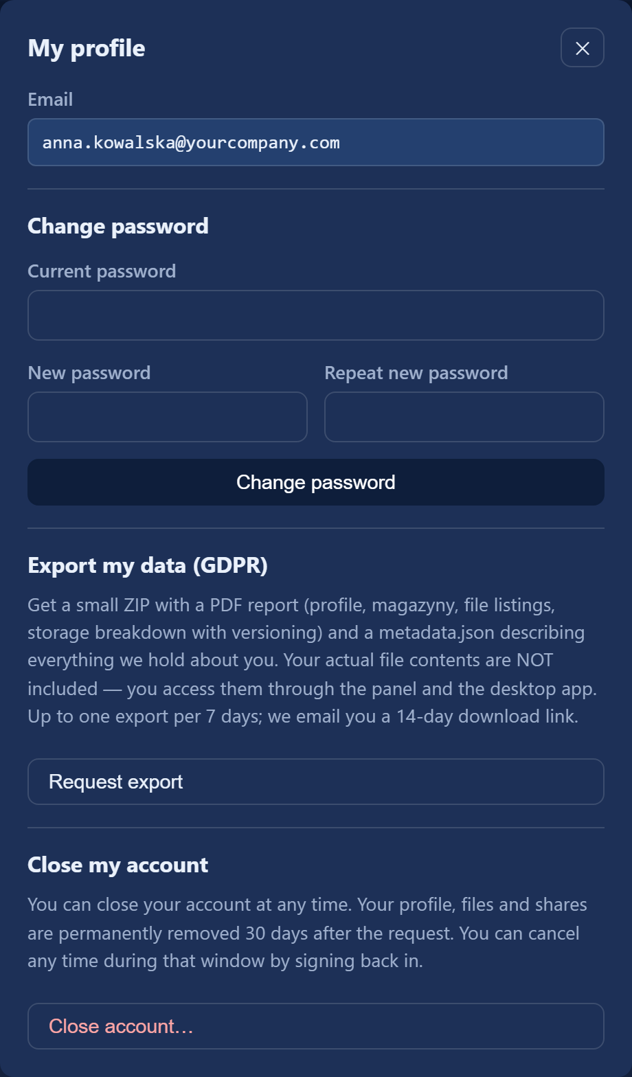 The "Profile" window: change password, data export (GDPR) and account closure