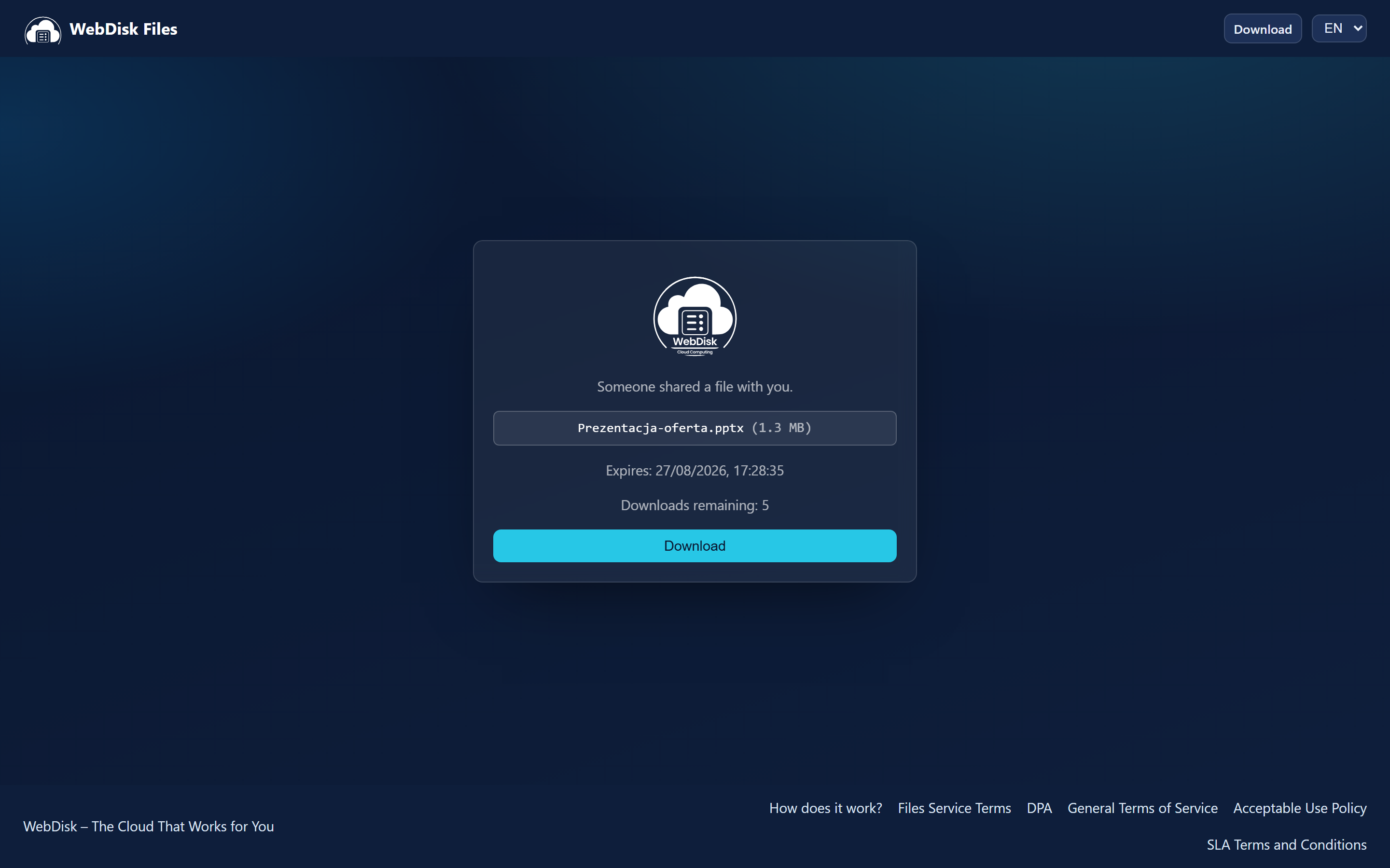 The download page as seen by the recipient of a link: file name, size and the download button