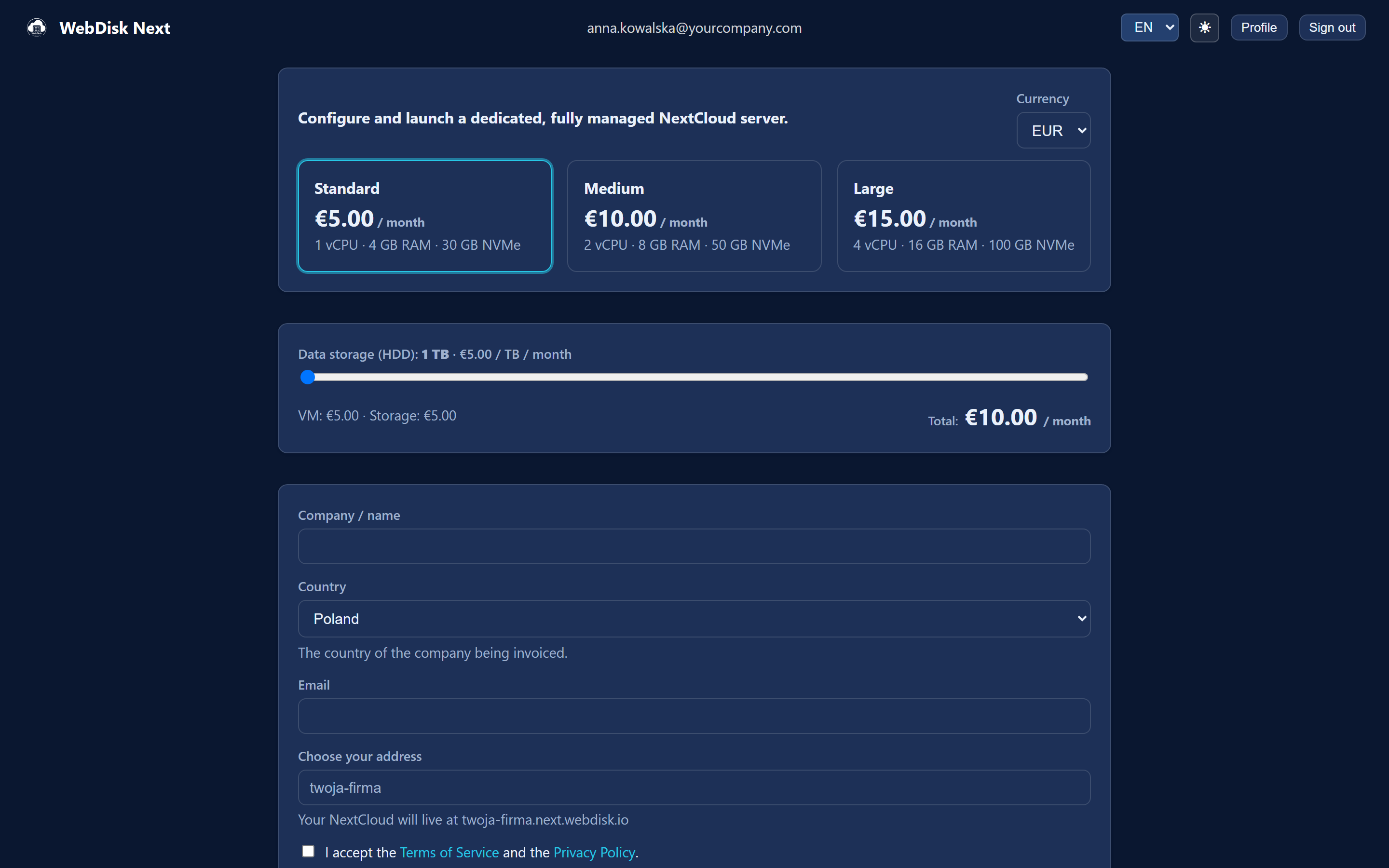 Order form — subdomain field, plan and storage selection