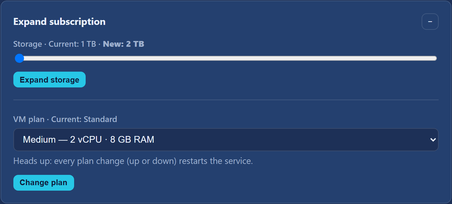 "Expand subscription" section — the storage slider and VM plan selection