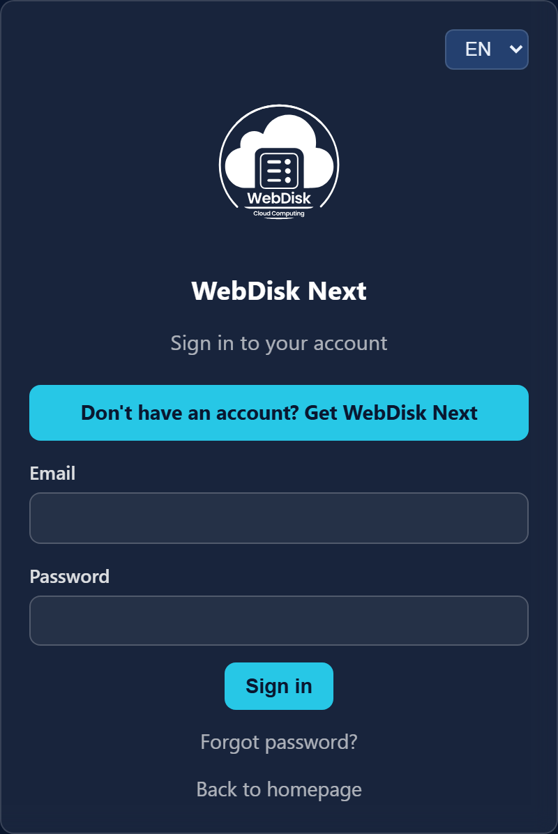 WebDisk Next portal sign-in screen — email and password fields