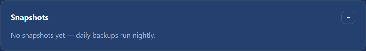 "Snapshots" section — a list of backups with date, status and a "Restore" button