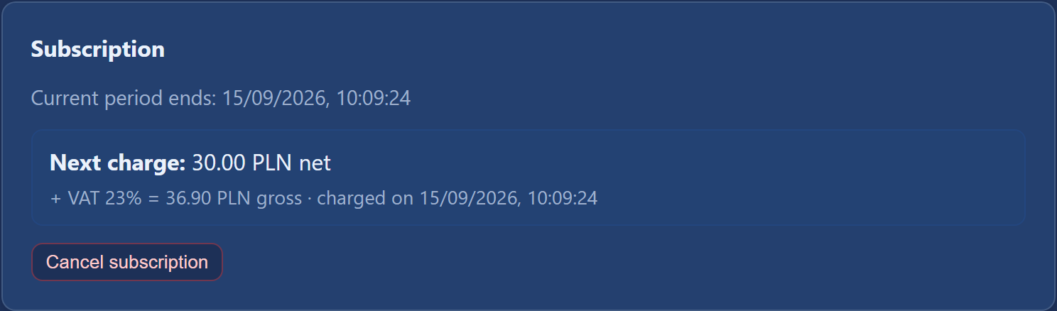 "Subscription" section — end of period, next charge amount and the "Cancel subscription" button