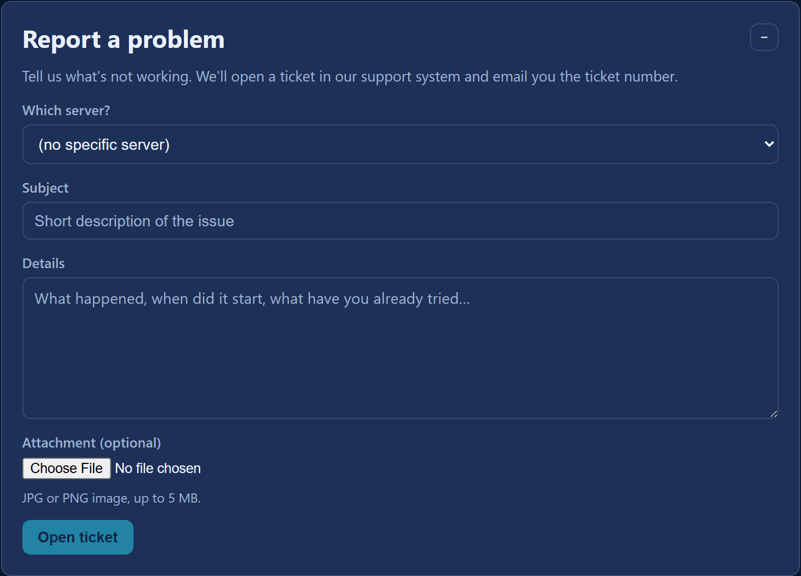 "Report a problem" section — server selection, subject, details and attachment