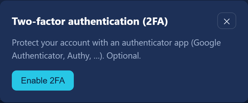 The two-factor sign-in setup dialog in WebDisk Send