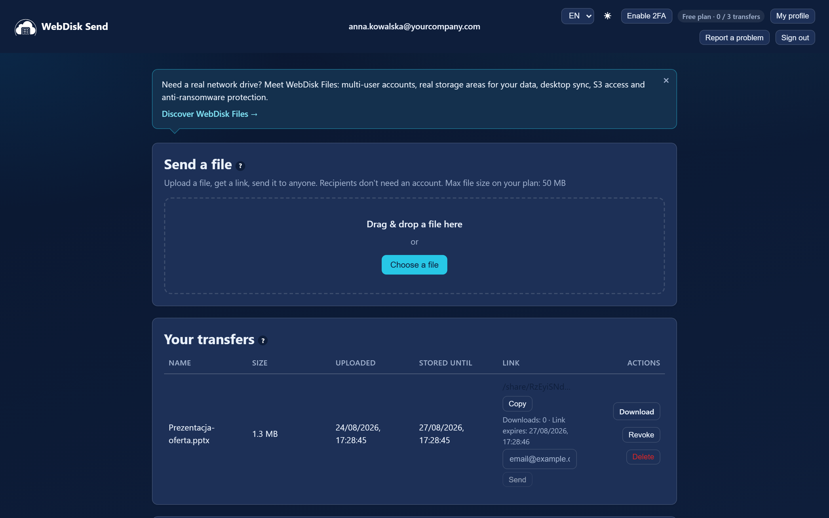 The WebDisk Send panel after signing in, with the Send a file, Your transfers, Subscription and Invoices cards