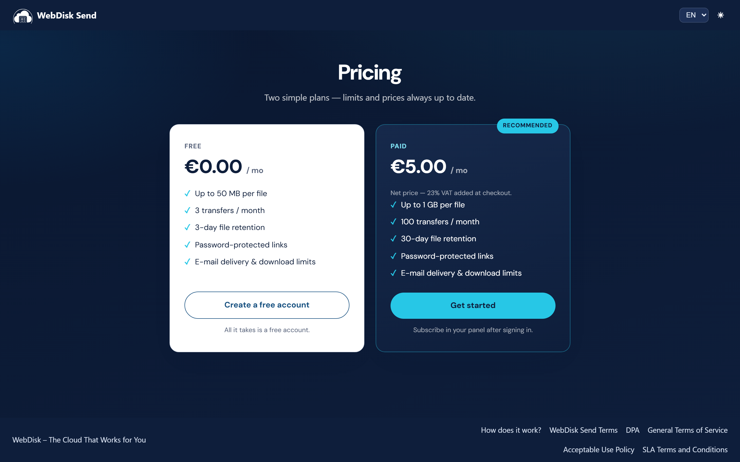 The public WebDisk Send pricing page with the "Free" and "Paid" cards