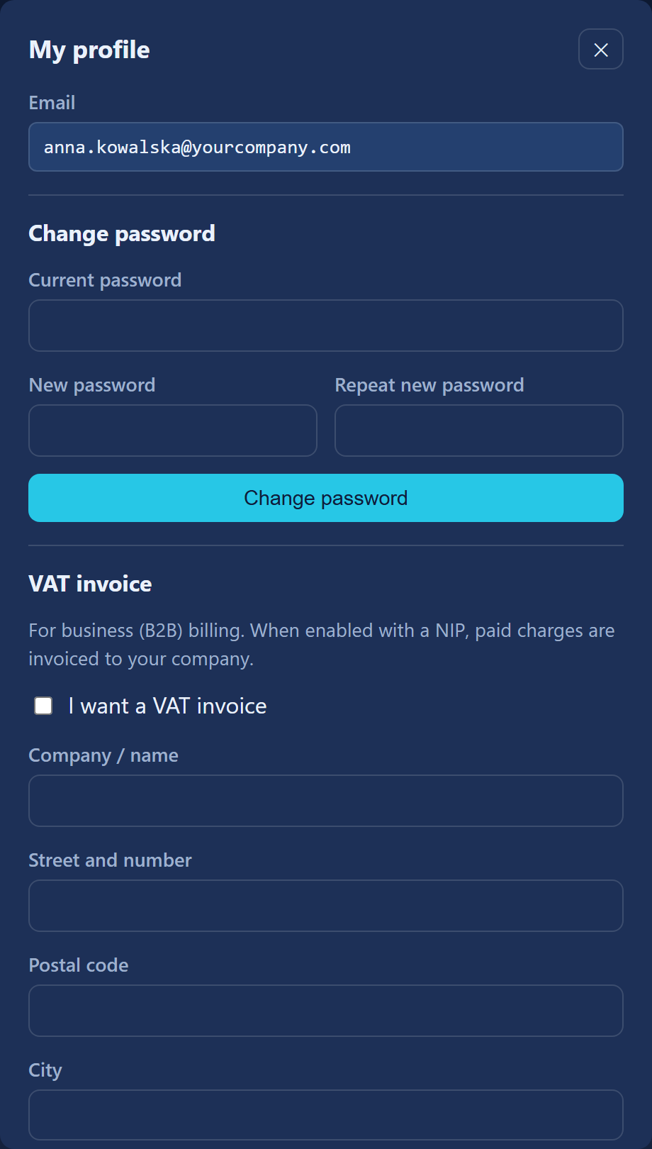The "My profile" dialog with the password change, data export and account closure sections