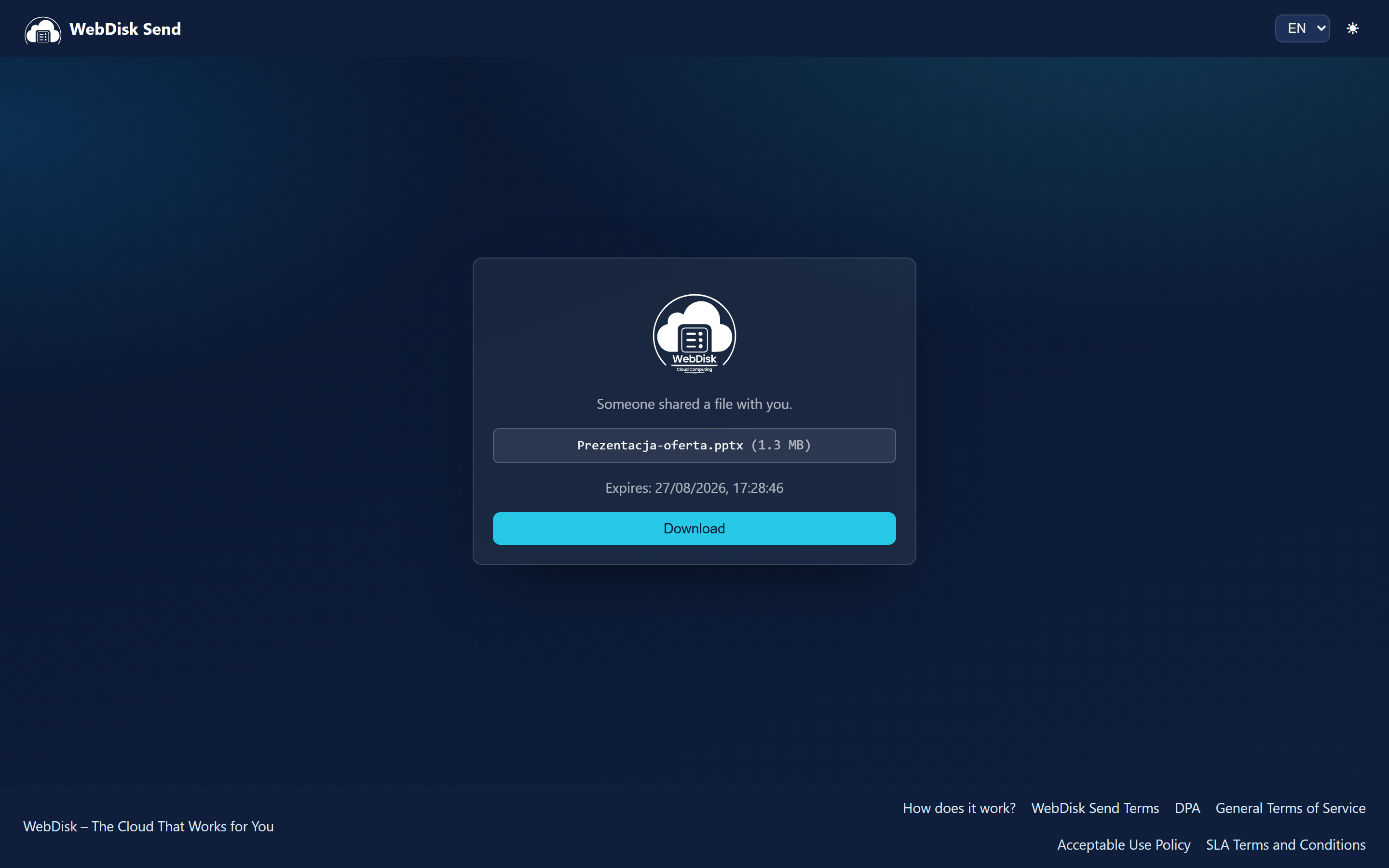 The download page as seen by the person who receives the link