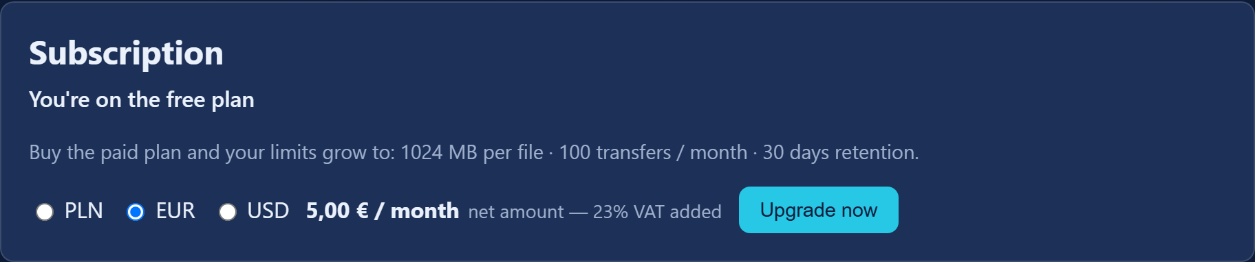 The "Subscription" card with the currency choice and the "Upgrade now" button