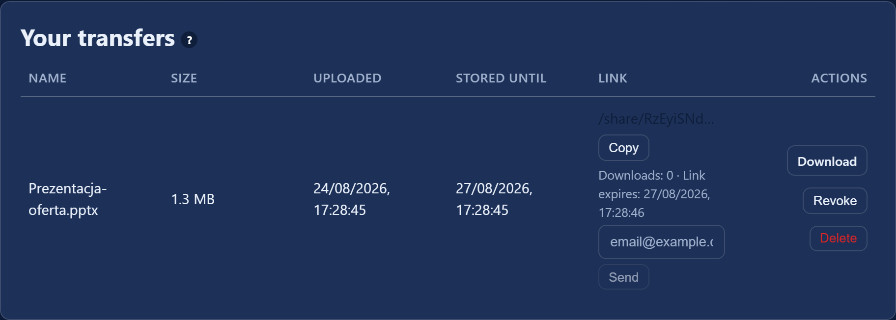 The "Your transfers" card with the file list, download counter and dates