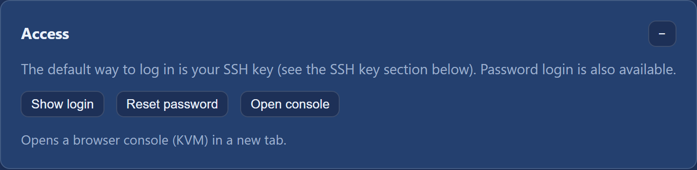 The "Access" section with buttons to show the login details, reset the password and open the console