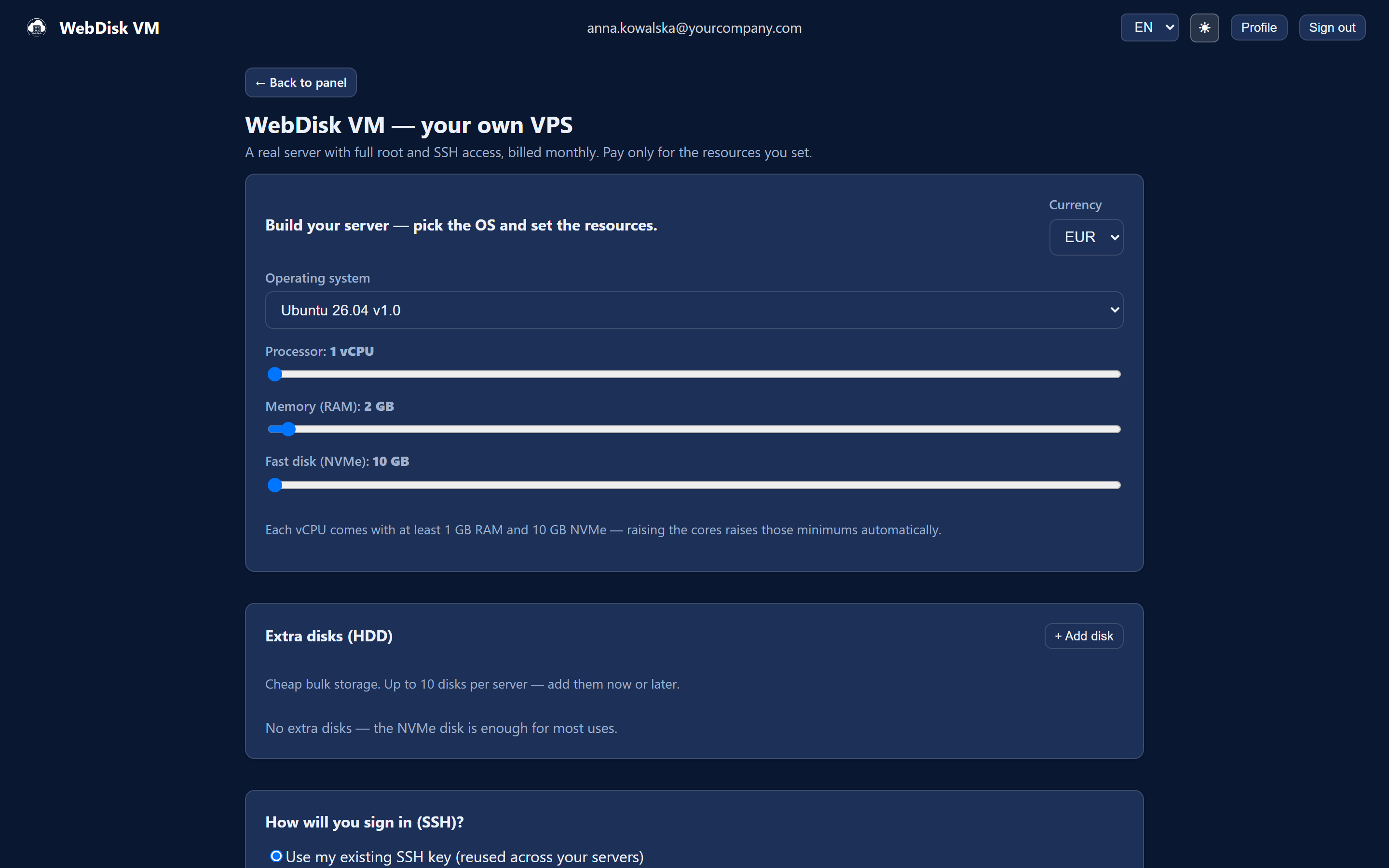 The "Processor", "Memory (RAM)" and "Fast disk (NVMe)" sliders and the add-disk button