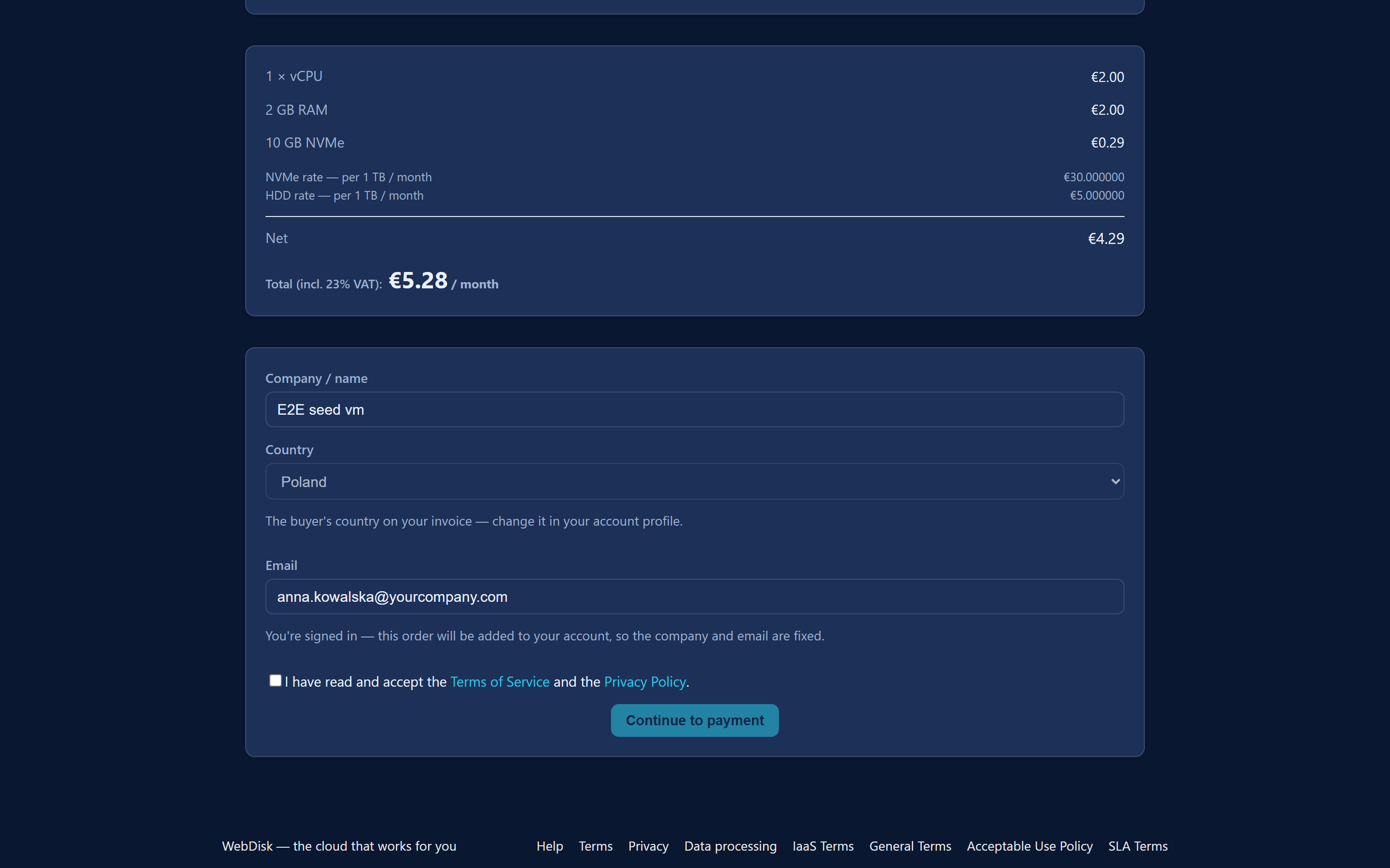 The bottom of the order form: billing details, consents and the "Continue to payment" button