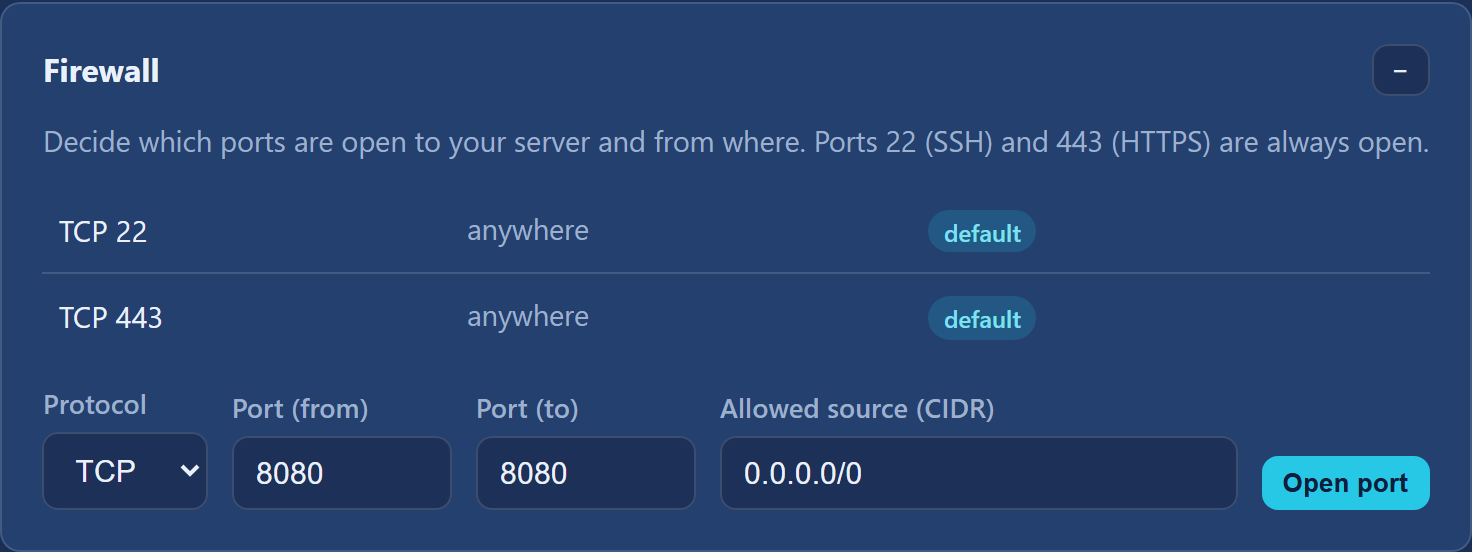 The "Firewall" section with the rule list and the form for opening a port
