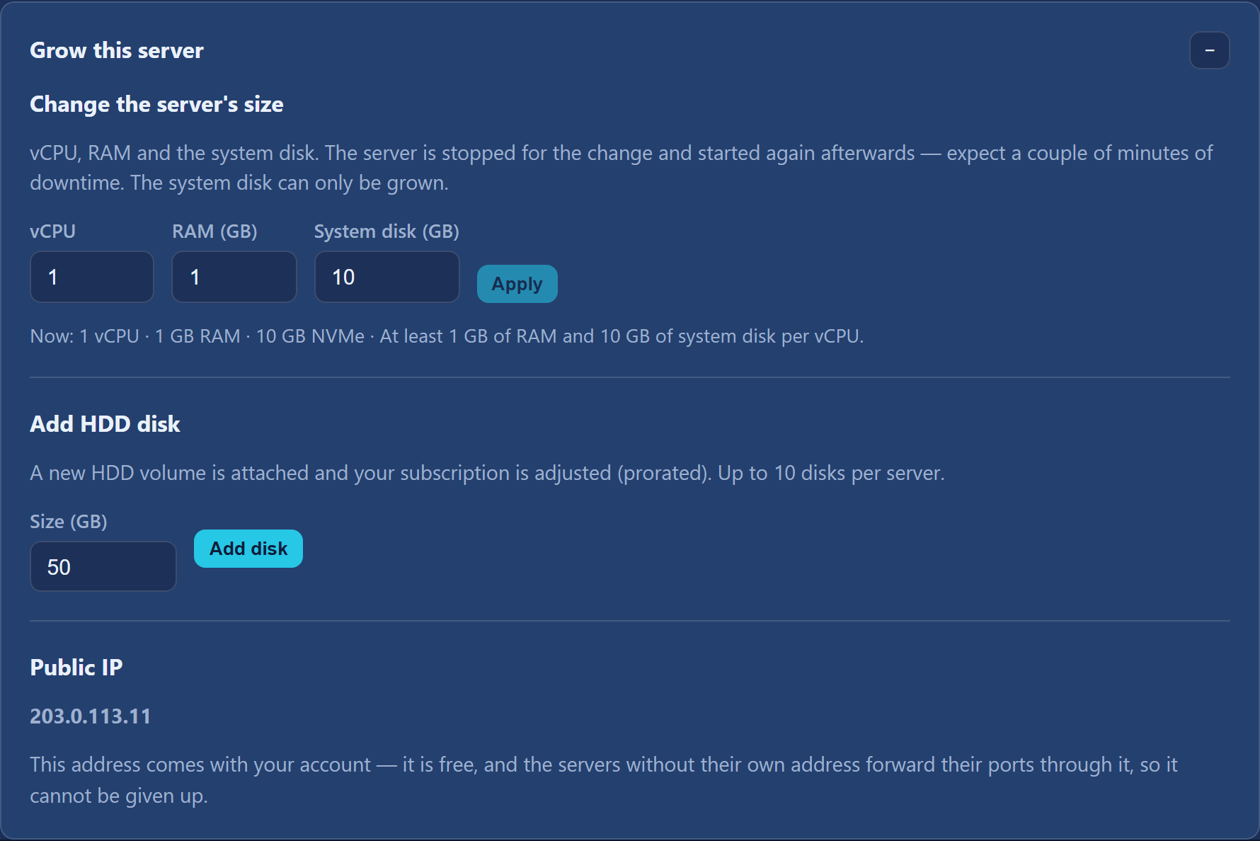 The "Grow this server" section with resizing and adding a disk