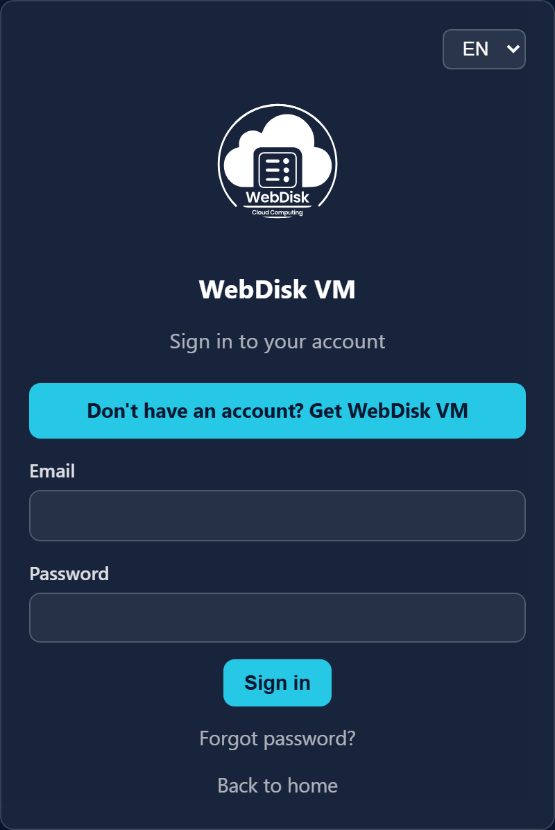 The WebDisk VM sign-in screen