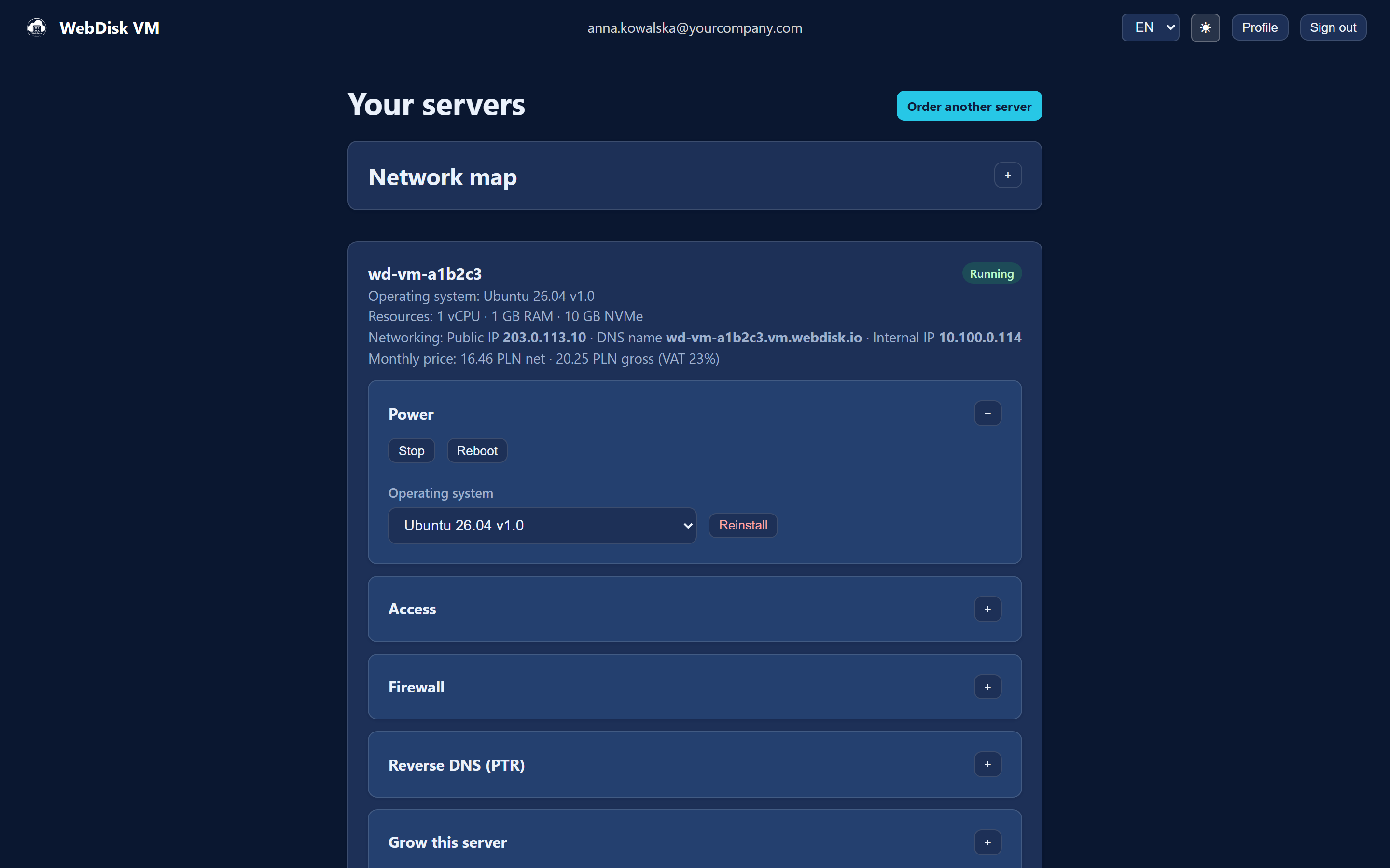 The "Your servers" panel with the network map and a server card