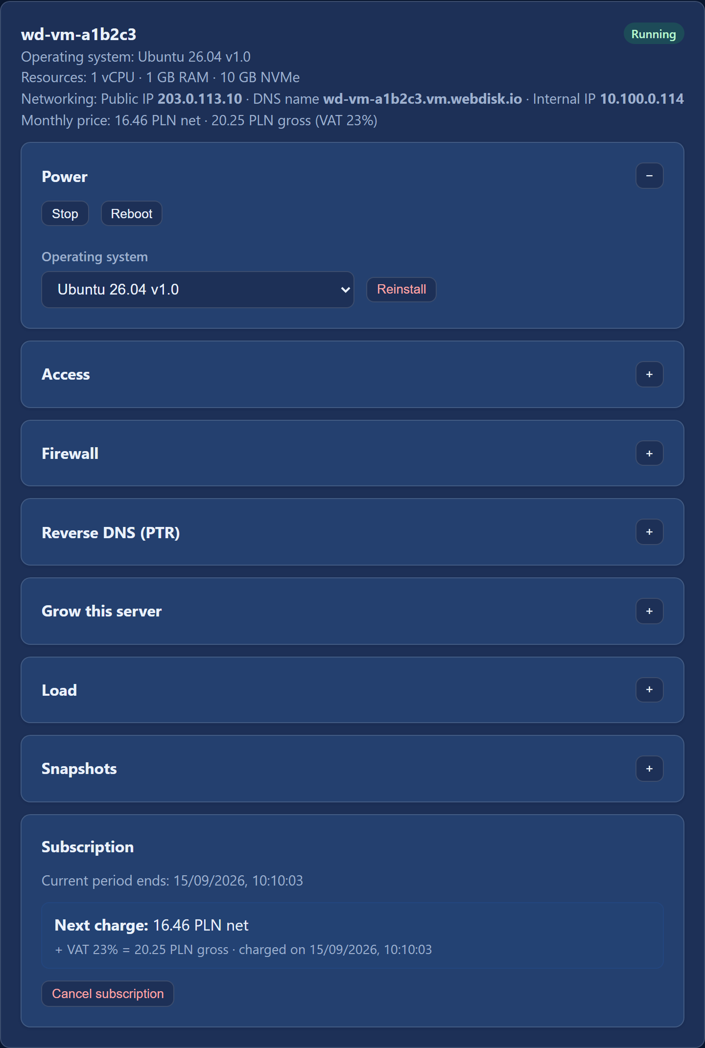 A server card with its status, resources, addresses and monthly price
