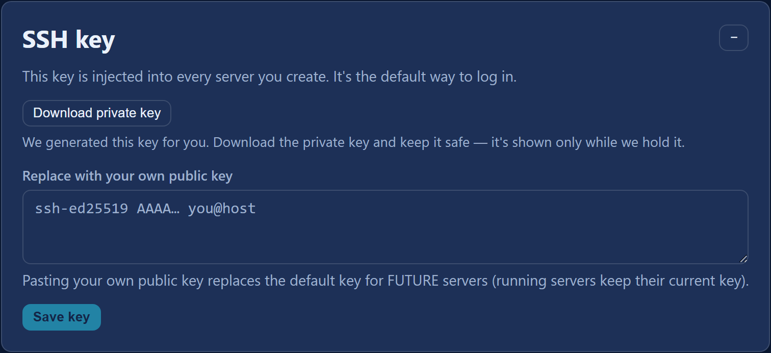 The "SSH key" section with the private-key download and a field for your own public key