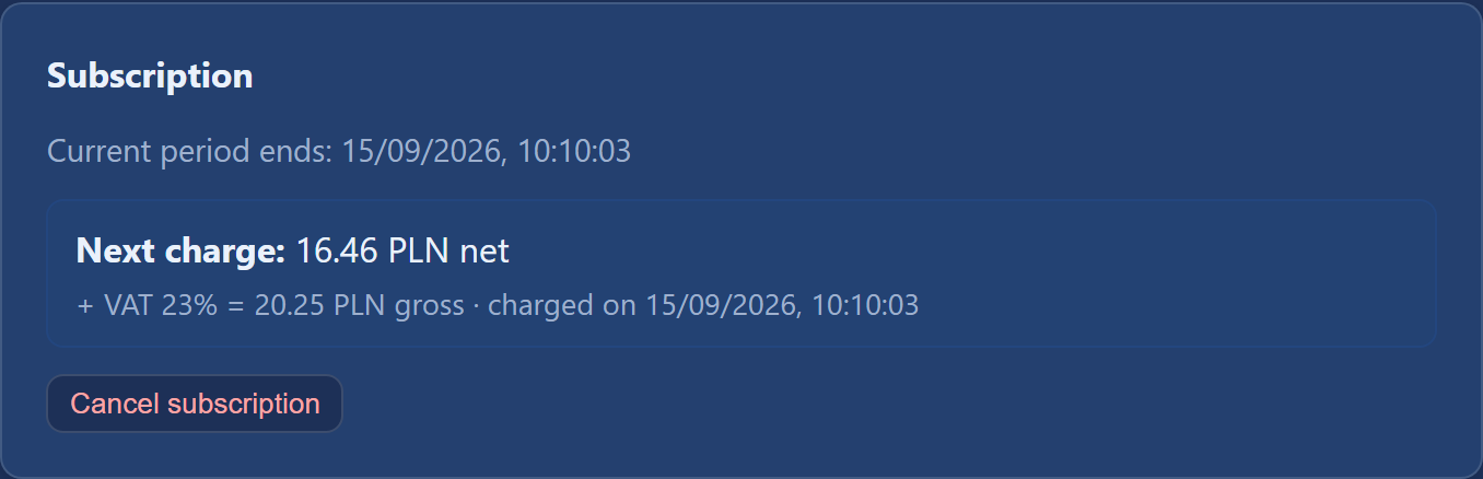 The "Subscription" section with the period end date and the cancel button