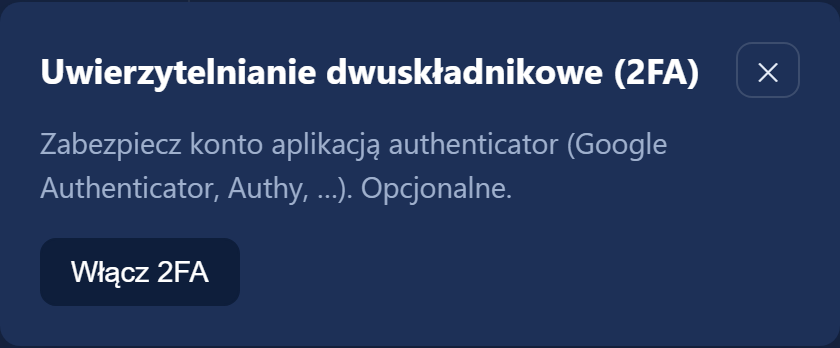 Okno „Uwierzytelnianie dwuskładnikowe (2FA)” z przyciskiem „Włącz 2FA”