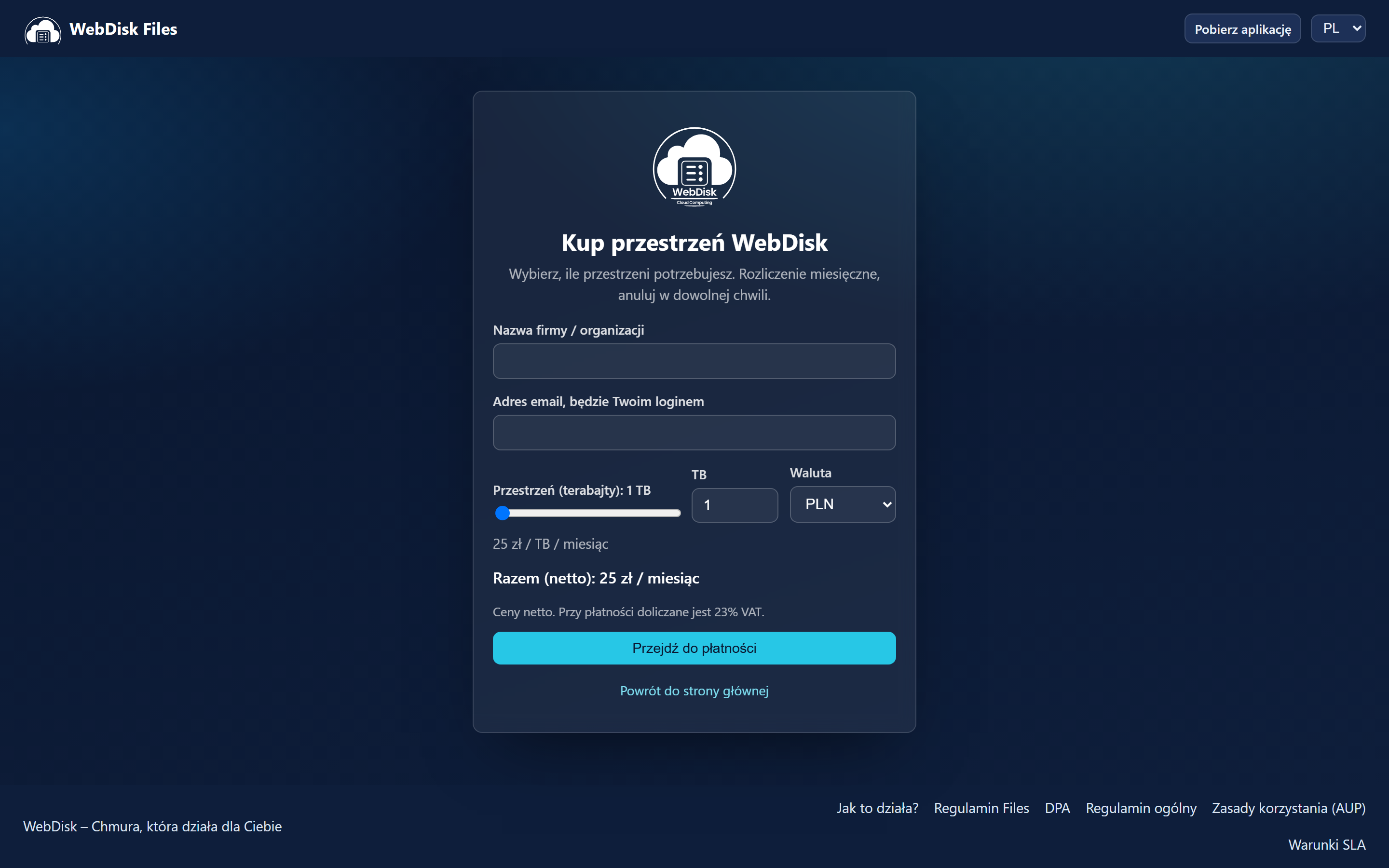 Strona zamówienia WebDisk Files: kalkulator przestrzeni w terabajtach, wybór waluty i cena netto