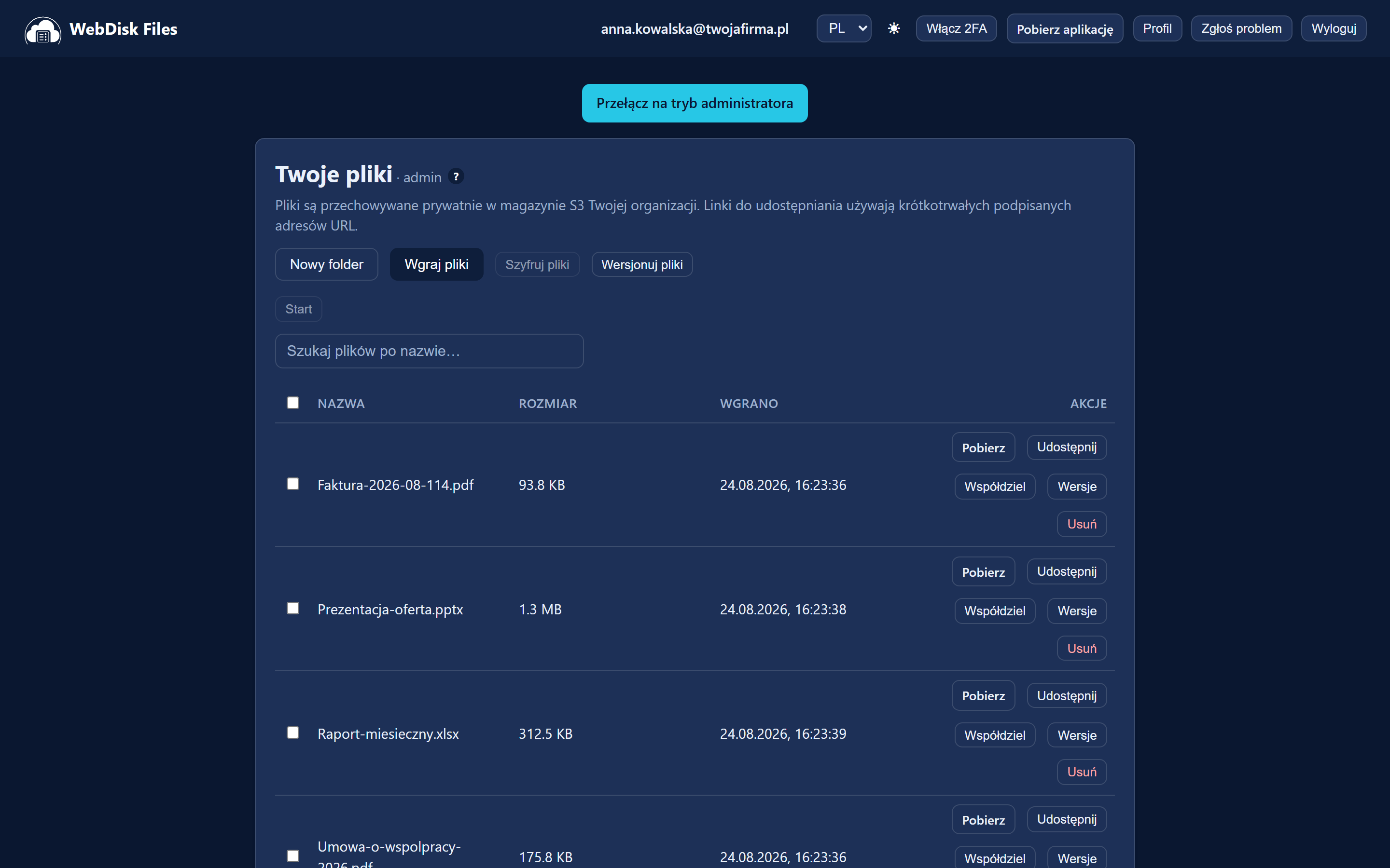 Panel WebDisk Files po zalogowaniu: górny pasek z przełącznikiem języka, motywem, 2FA, przyciskiem „Pobierz aplikację”, „Profil” i „Zgłoś problem”, poniżej karta „Twoje pliki”