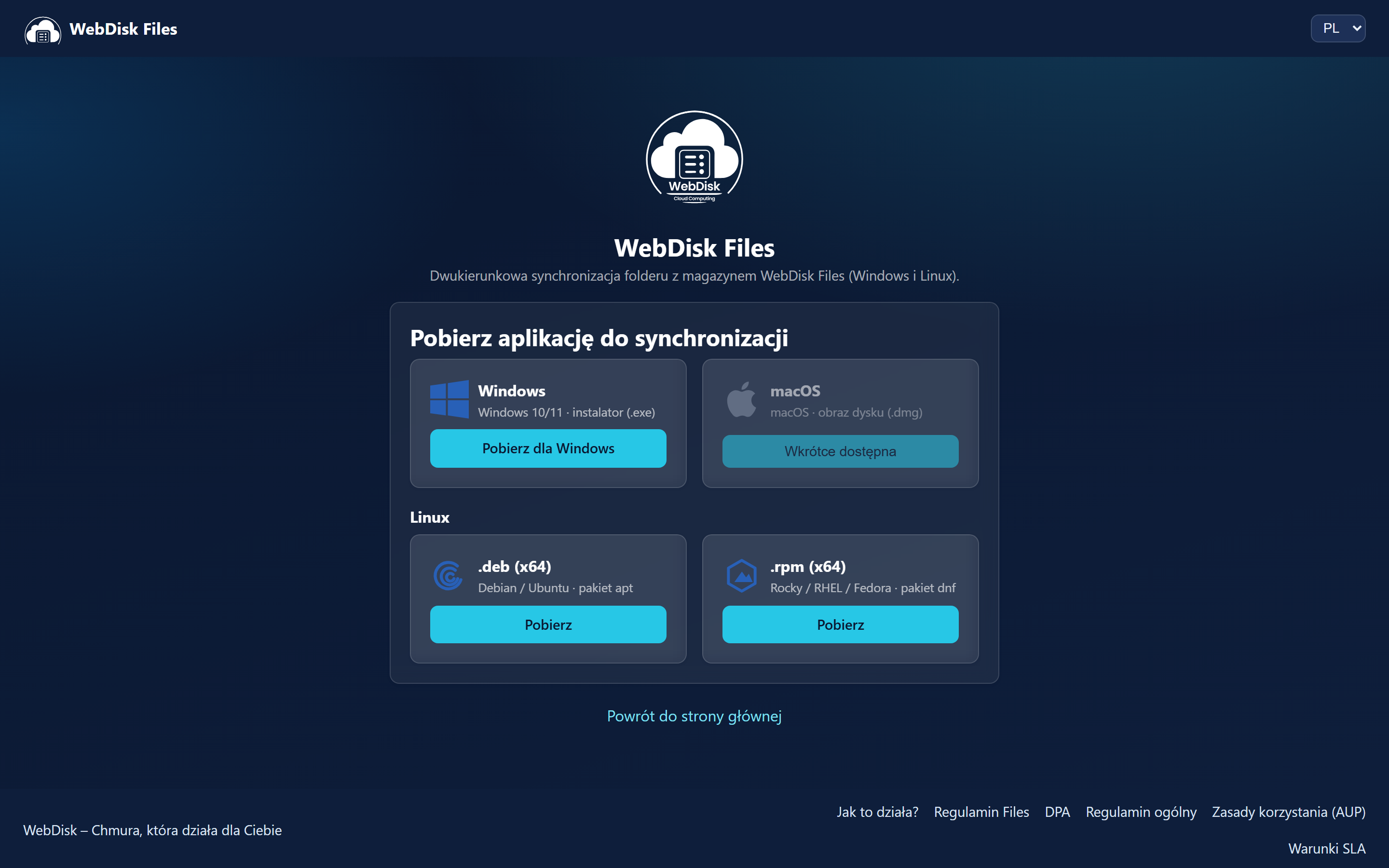 Strona pobierania aplikacji na komputer: instalator Windows, pakiety .deb i .rpm, macOS oznaczony jako wkrótce