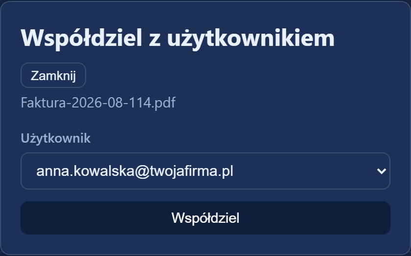 Okno „Współdziel z użytkownikiem”: wybór osoby z organizacji