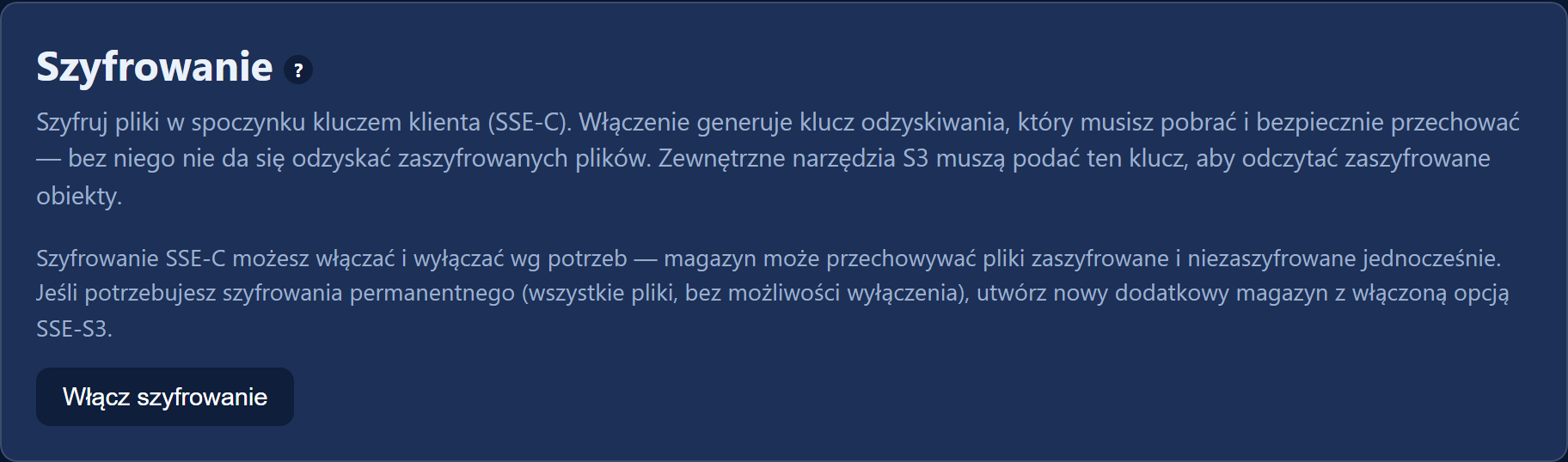 Karta „Szyfrowanie” z przyciskiem „Włącz szyfrowanie” i ostrzeżeniem o kluczu odzyskiwania