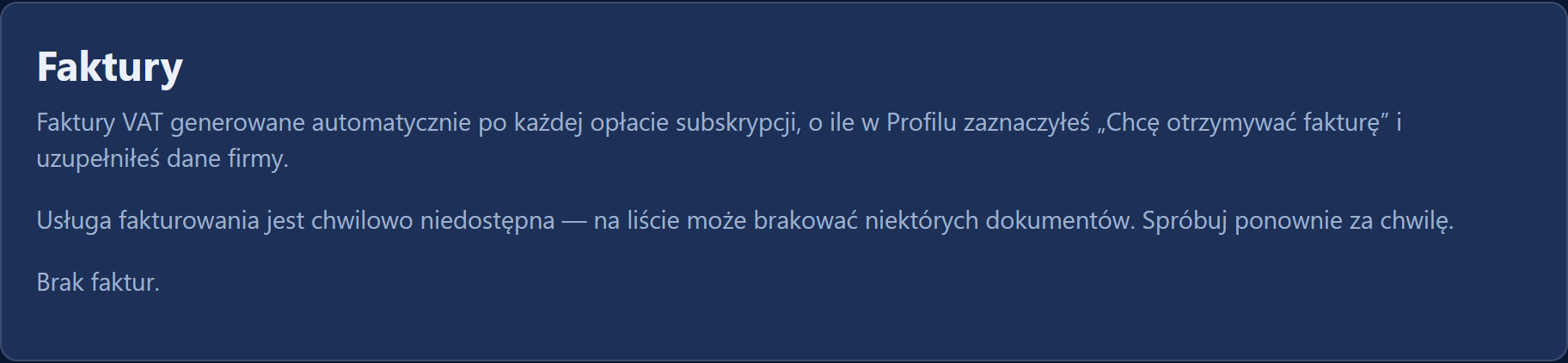 Karta „Faktury” w panelu organizacji