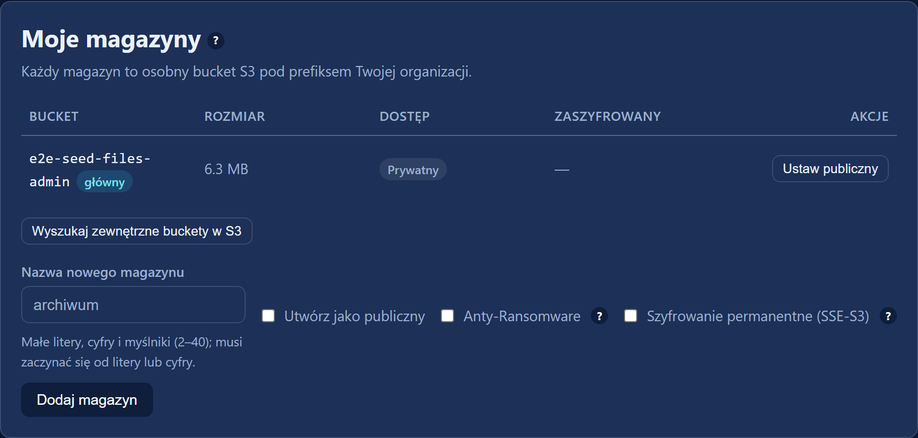 Karta „Moje magazyny”: dodawanie magazynu z przełącznikami „Utwórz jako publiczny”, „Anty-Ransomware” i „Szyfrowanie permanentne (SSE-S3)”
