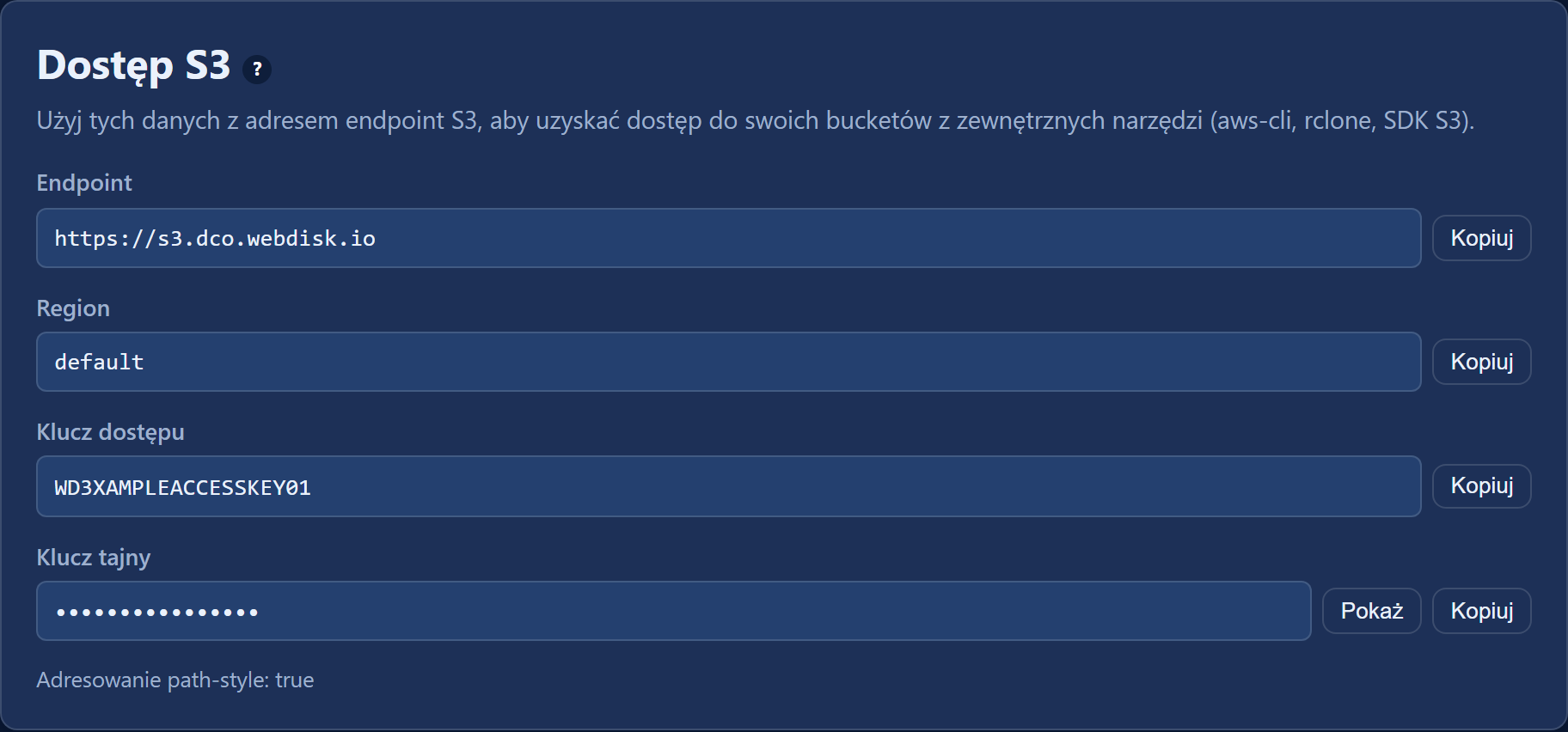 Karta „Dostęp S3”: endpoint, region, klucz dostępu i ukryty klucz tajny z przyciskiem „Pokaż”