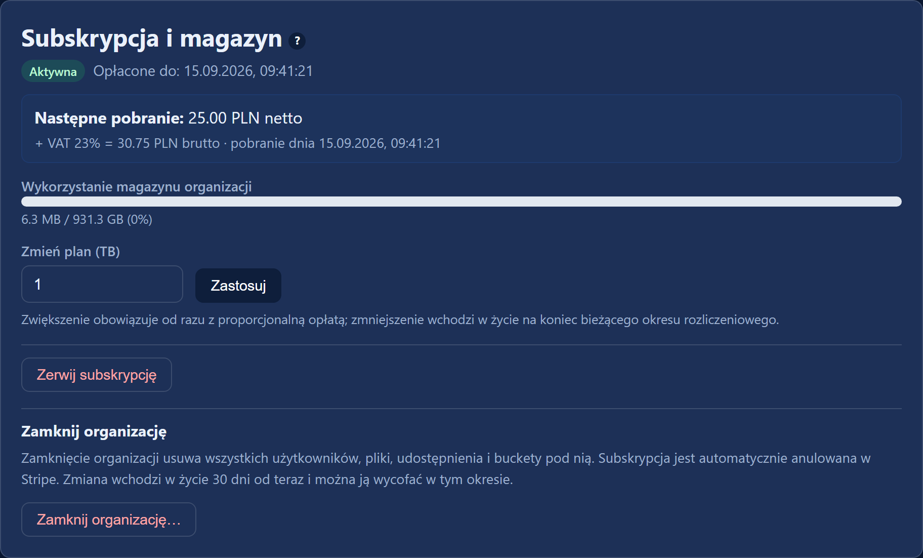 Karta „Subskrypcja i magazyn”: zmiana planu w TB, przycisk „Zastosuj”, „Zerwij subskrypcję” oraz „Zamknij organizację”