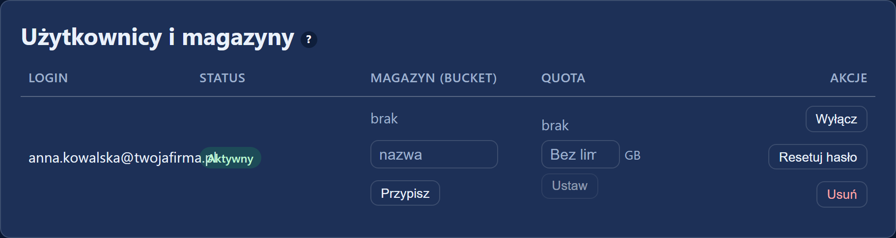 Karta „Użytkownicy i magazyny”: lista kont w organizacji z przypisanym magazynem i limitem