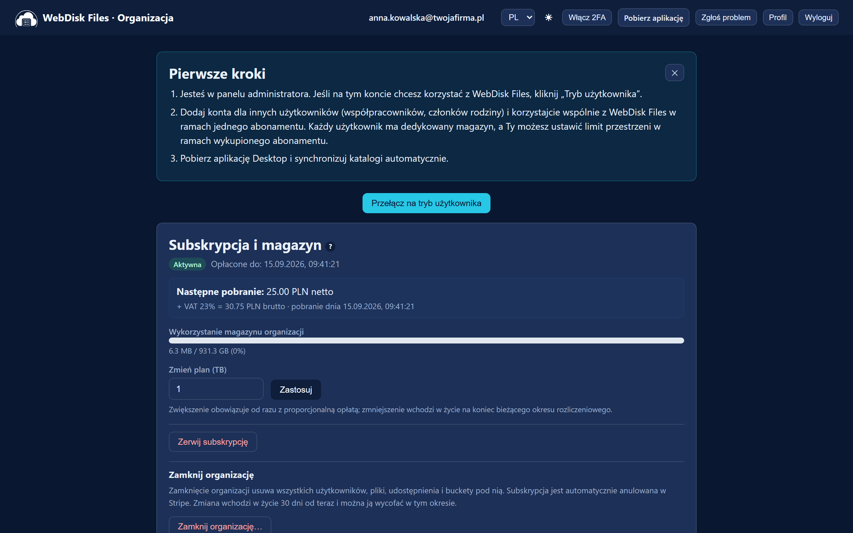 Panel „Organizacja” widziany po zalogowaniu przez osobę, która kupiła usługę