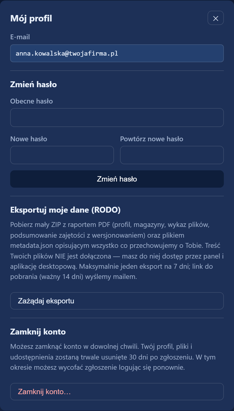 Okno „Profil”: zmiana hasła, eksport danych (RODO) i zamknięcie konta