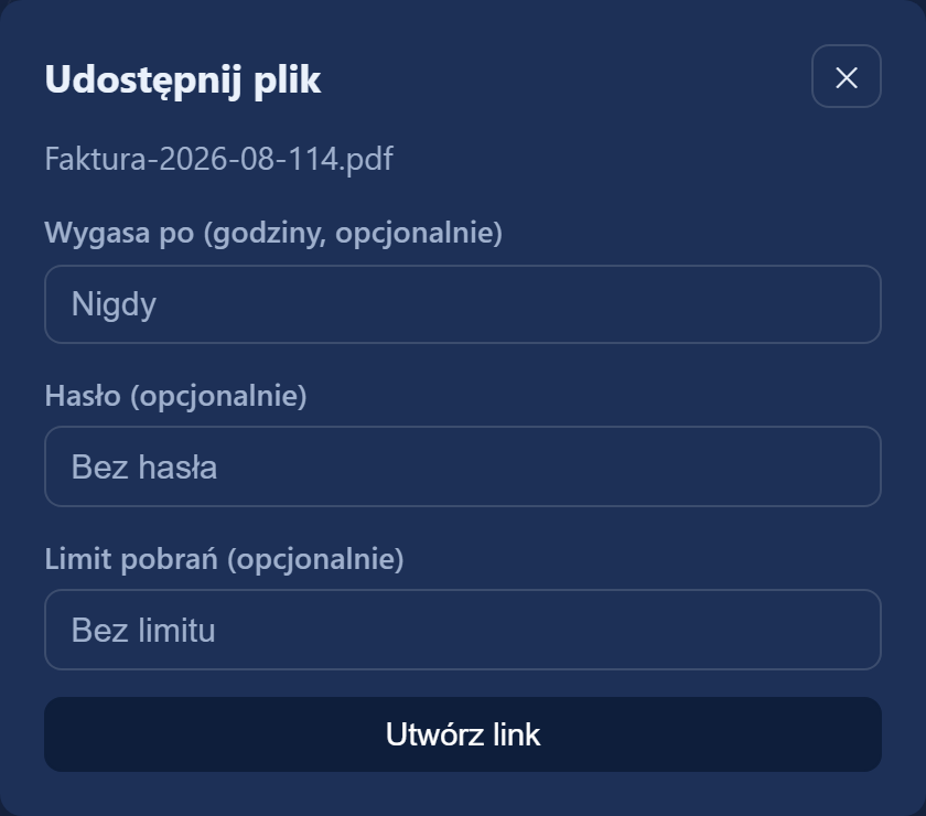 Okno „Udostępnij plik”: pola „Wygasa po” w godzinach, „Hasło”, „Limit pobrań” i przycisk „Utwórz link”